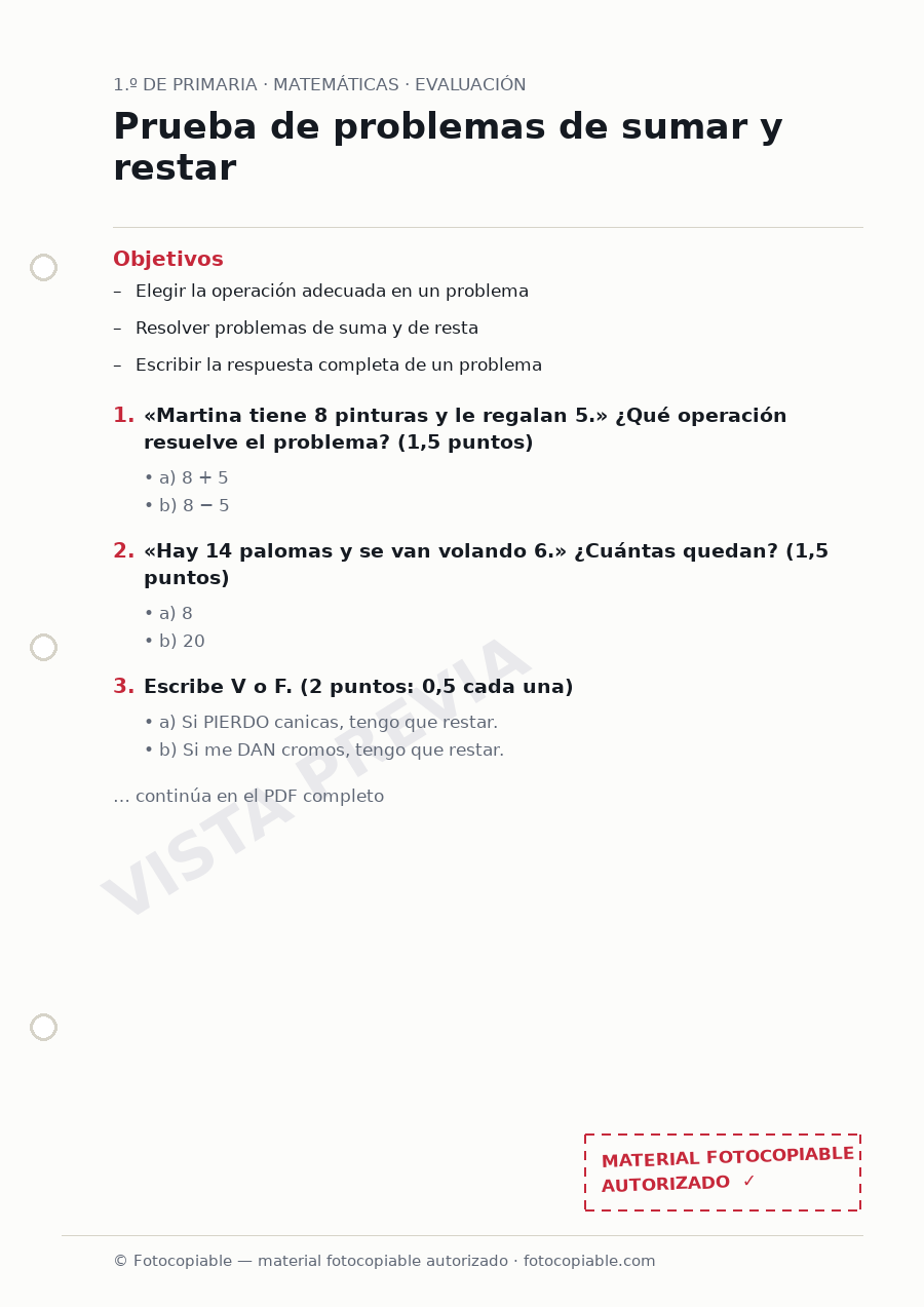 Vista previa de la ficha «Prueba de problemas de sumar y restar»
