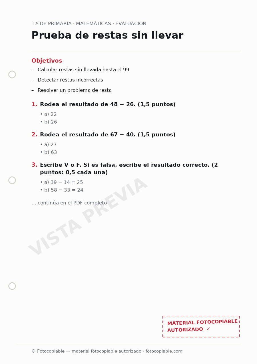 Vista previa de la ficha «Prueba de restas sin llevar»