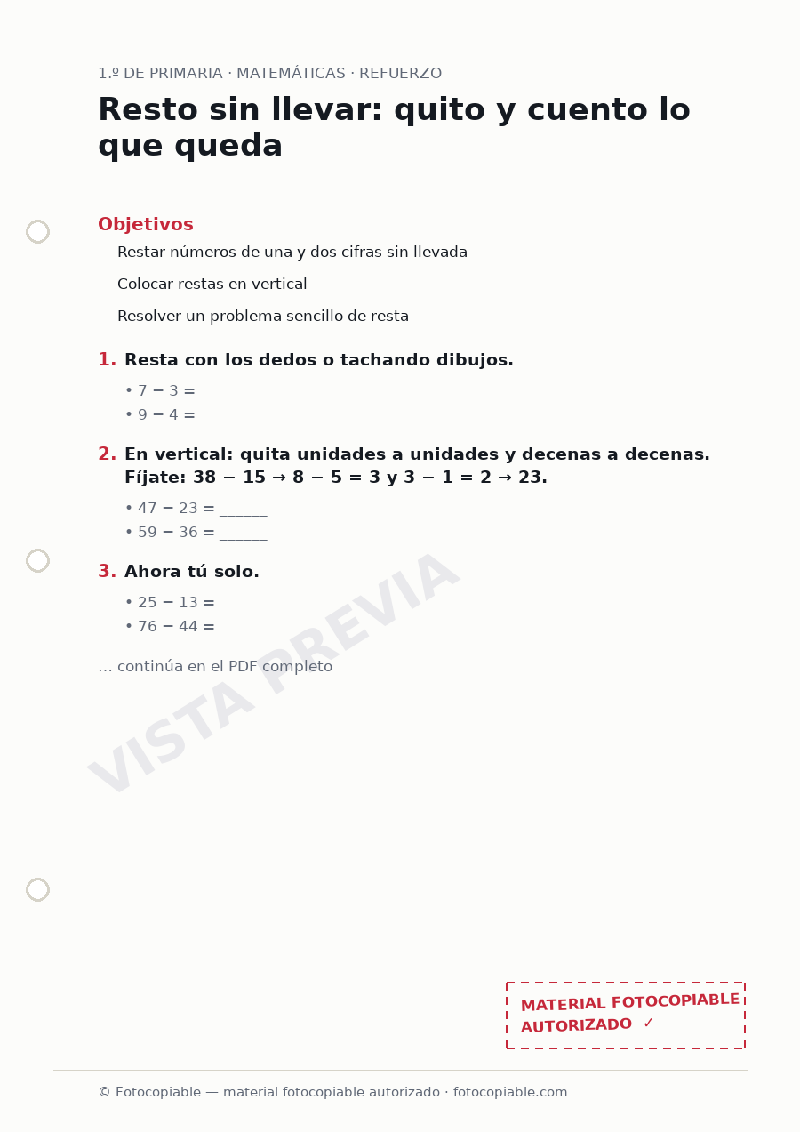Vista previa de la ficha «Resto sin llevar: quito y cuento lo que queda»