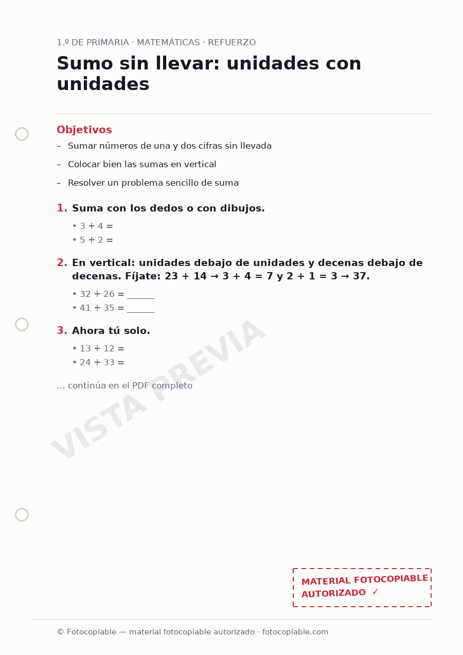 Vista previa de la ficha «Sumo sin llevar: unidades con unidades»