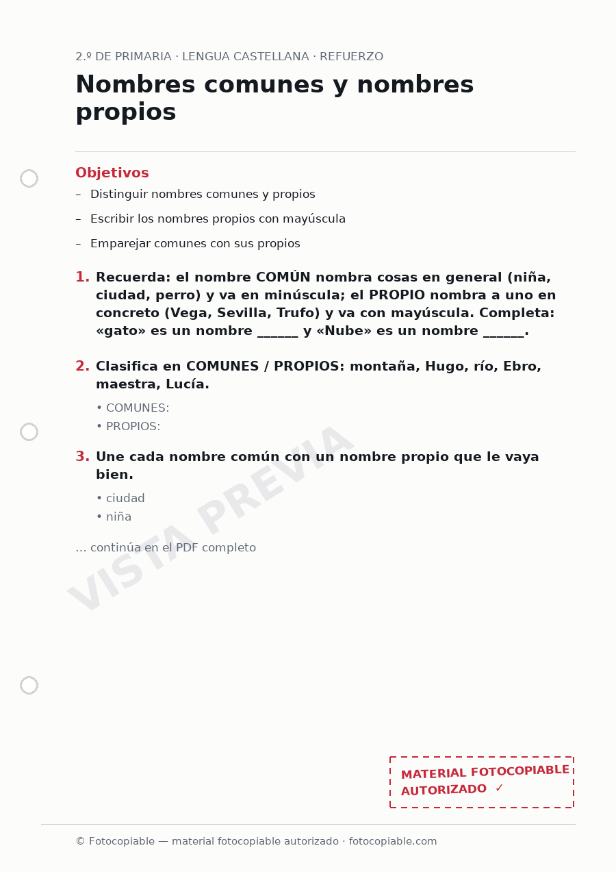 Vista previa de la ficha «Nombres comunes y nombres propios»