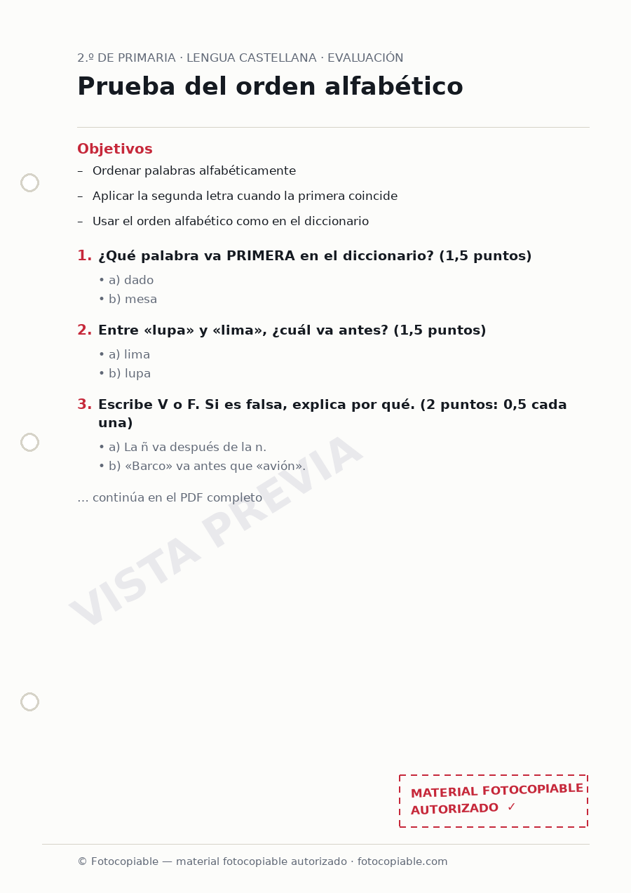 Vista previa de la ficha «Prueba del orden alfabético»