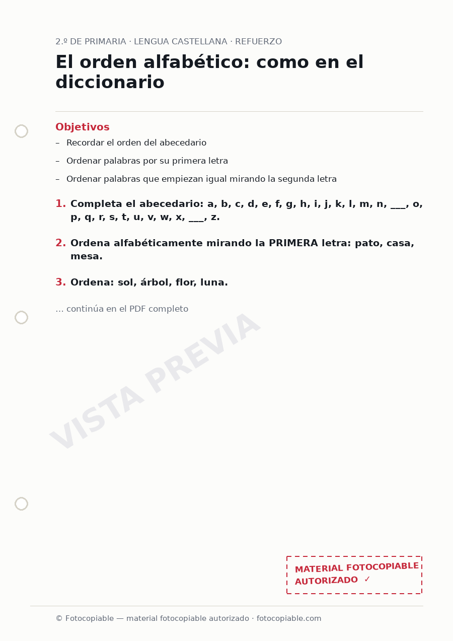 Vista previa de la ficha «El orden alfabético: como en el diccionario»