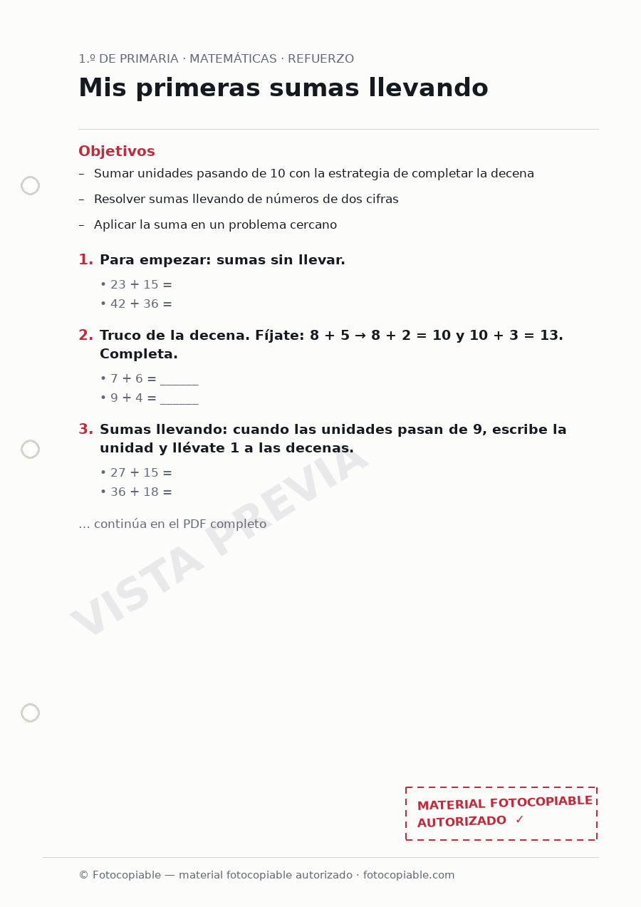 Vista previa de la ficha «Mis primeras sumas llevando»