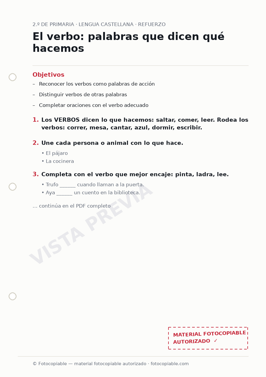 Vista previa de la ficha «El verbo: palabras que dicen qué hacemos»