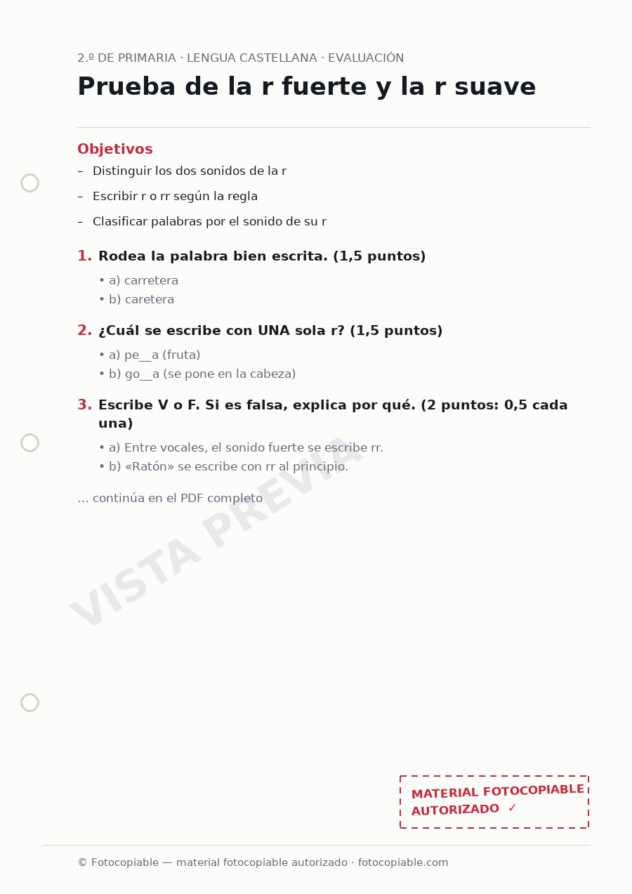 Vista previa de la ficha «Prueba de la r fuerte y la r suave»