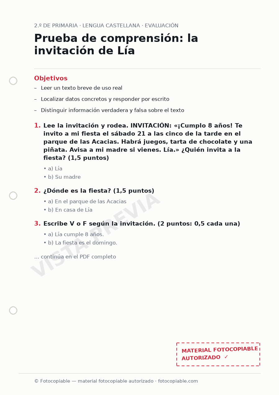 Vista previa de la ficha «Prueba de comprensión: la invitación de Lía»