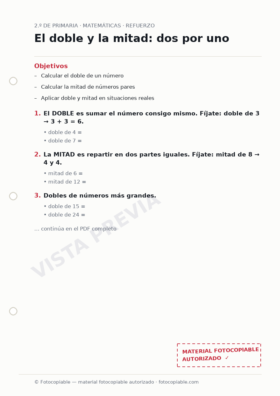Vista previa de la ficha «El doble y la mitad: dos por uno»