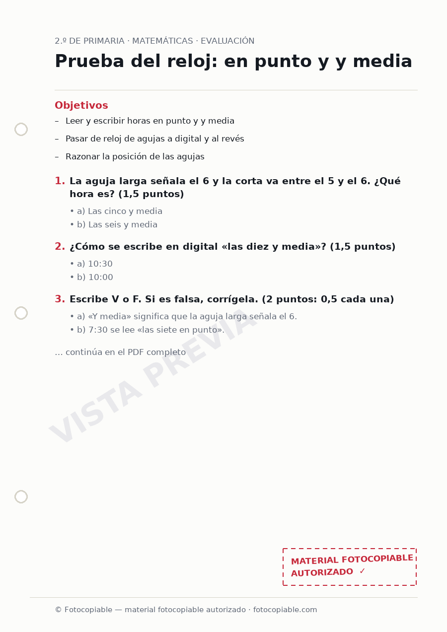 Vista previa de la ficha «Prueba del reloj: en punto y y media»