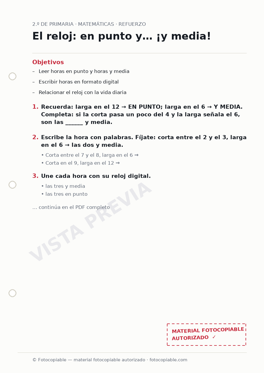 Vista previa de la ficha «El reloj: en punto y… ¡y media!»