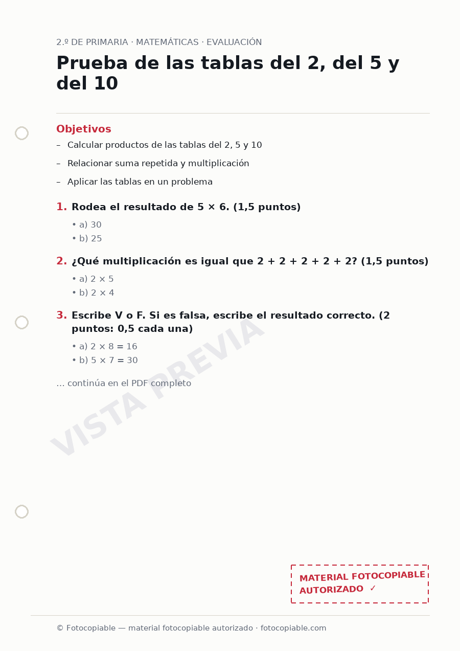 Vista previa de la ficha «Prueba de las tablas del 2, del 5 y del 10»