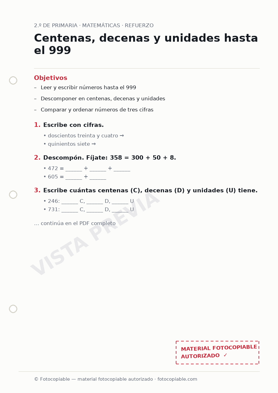 Vista previa de la ficha «Centenas, decenas y unidades hasta el 999»