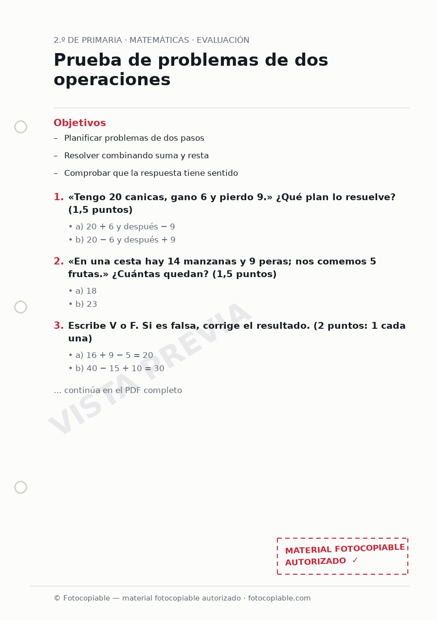 Vista previa de la ficha «Prueba de problemas de dos operaciones»