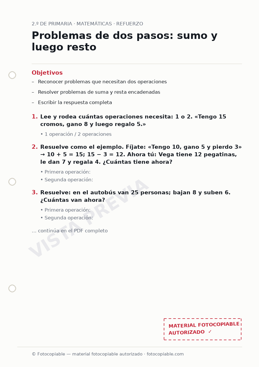 Vista previa de la ficha «Problemas de dos pasos: sumo y luego resto»