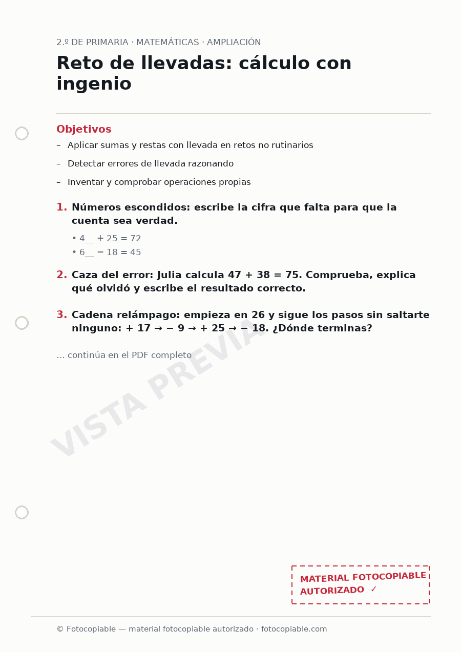 Vista previa de la ficha «Reto de llevadas: cálculo con ingenio»