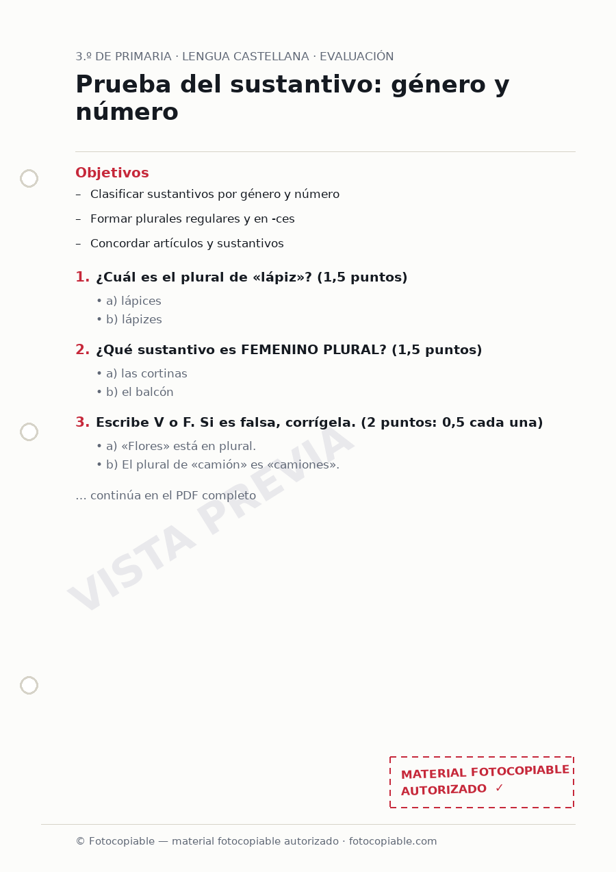 Vista previa de la ficha «Prueba del sustantivo: género y número»