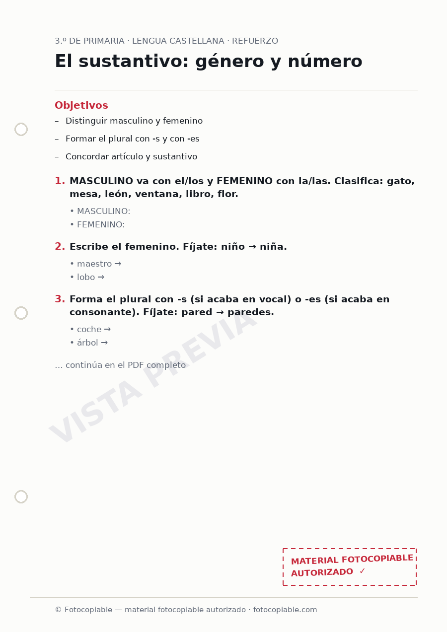 Vista previa de la ficha «El sustantivo: género y número»