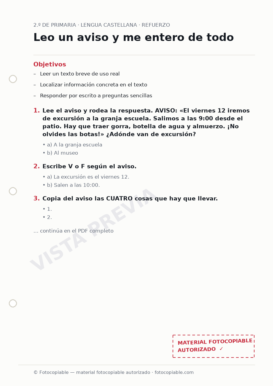 Vista previa de la ficha «Leo un aviso y me entero de todo»