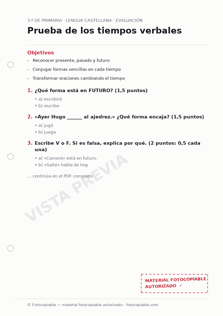 Vista previa de la ficha «Prueba de los tiempos verbales»
