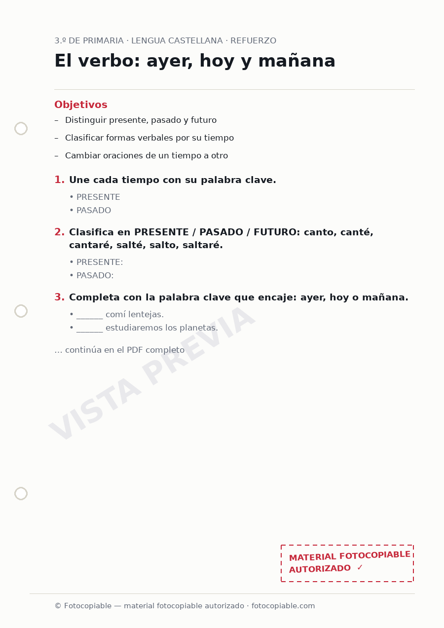Vista previa de la ficha «El verbo: ayer, hoy y mañana»