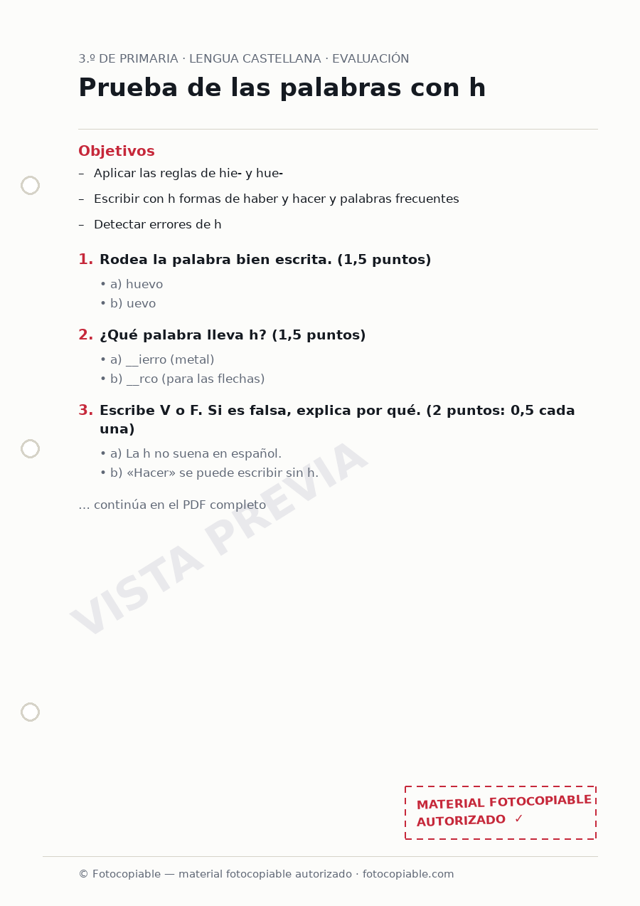 Vista previa de la ficha «Prueba de las palabras con h»