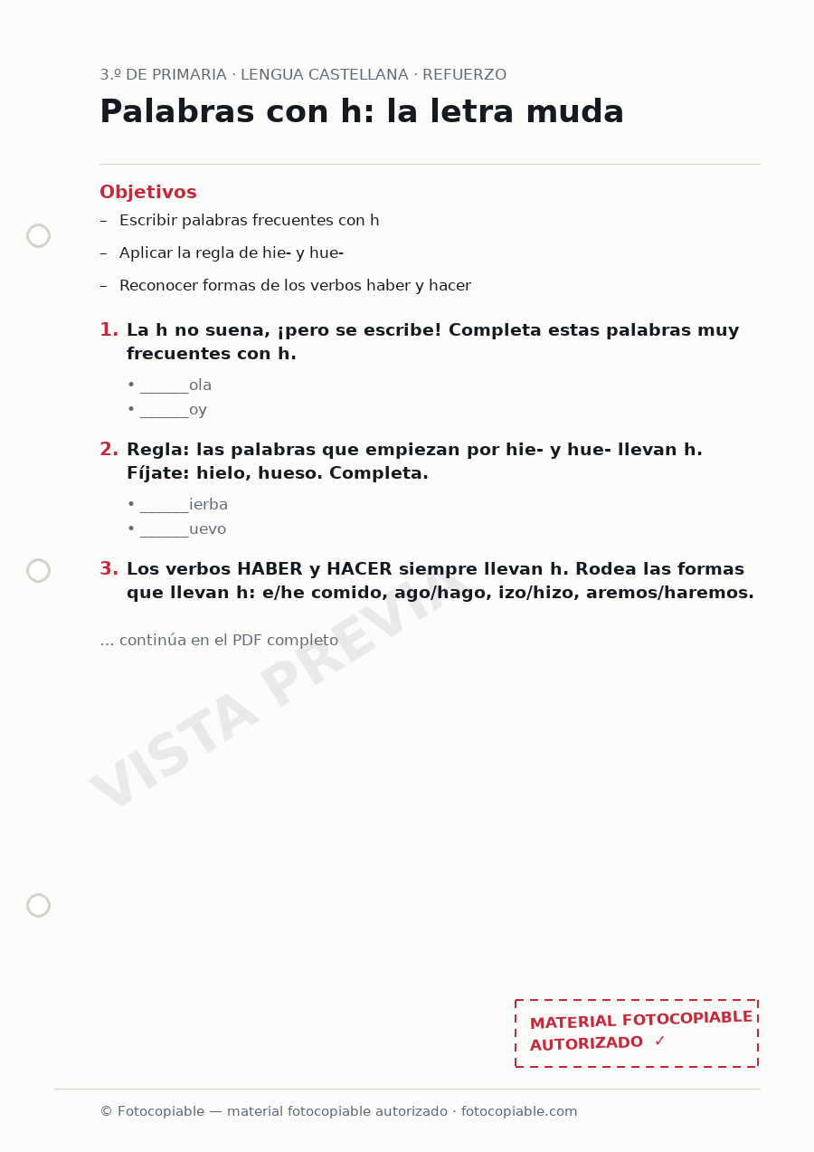 Vista previa de la ficha «Palabras con h: la letra muda»