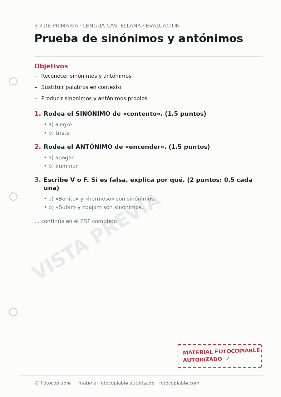 Vista previa de la ficha «Prueba de sinónimos y antónimos»