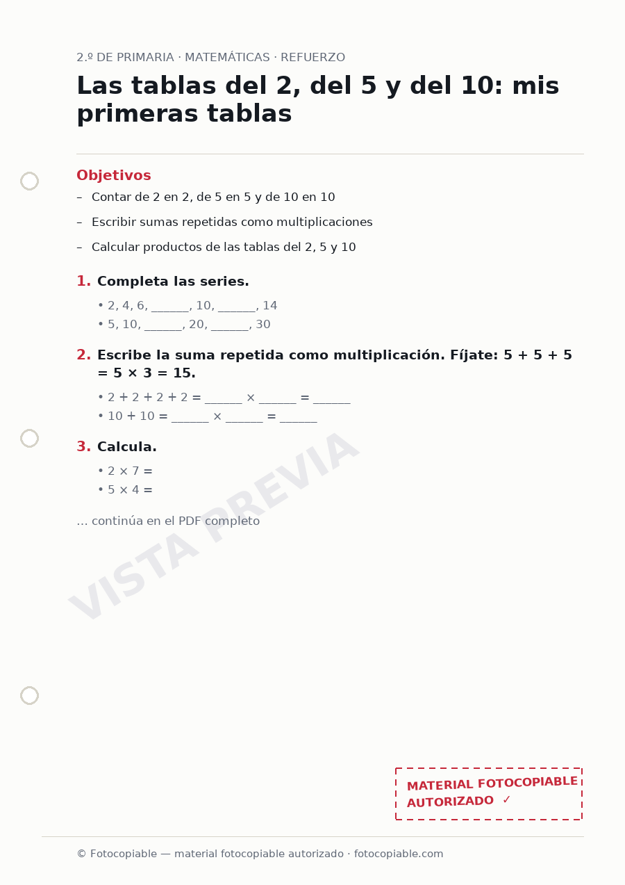 Vista previa de la ficha «Las tablas del 2, del 5 y del 10: mis primeras tablas»