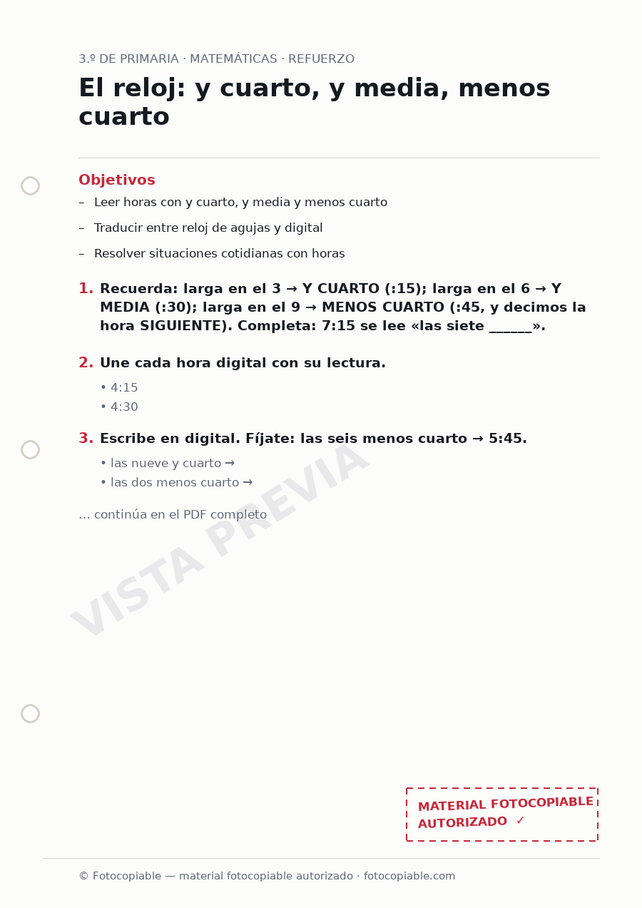 Vista previa de la ficha «El reloj: y cuarto, y media, menos cuarto»