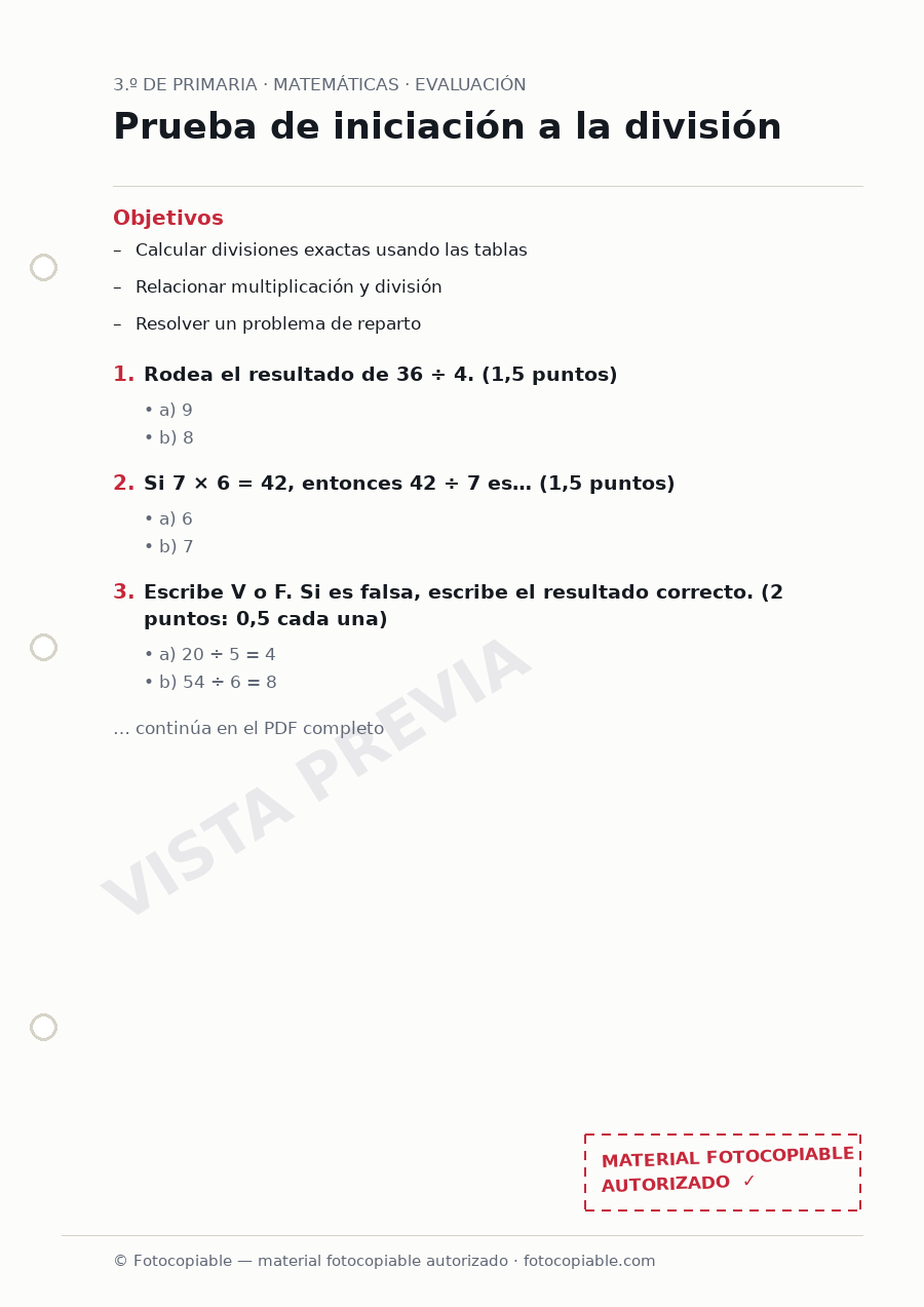 Vista previa de la ficha «Prueba de iniciación a la división»