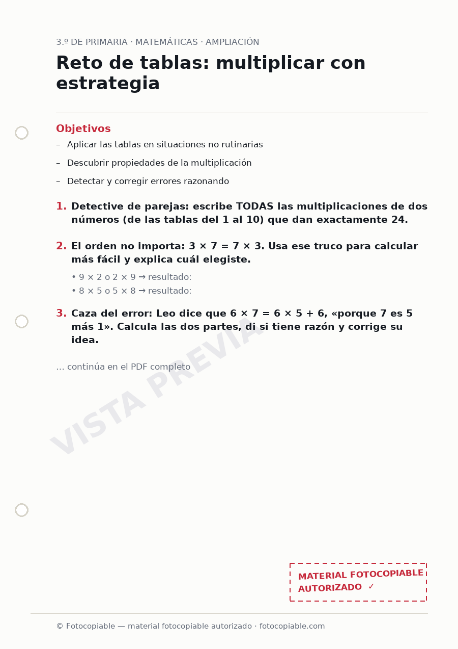Vista previa de la ficha «Reto de tablas: multiplicar con estrategia»