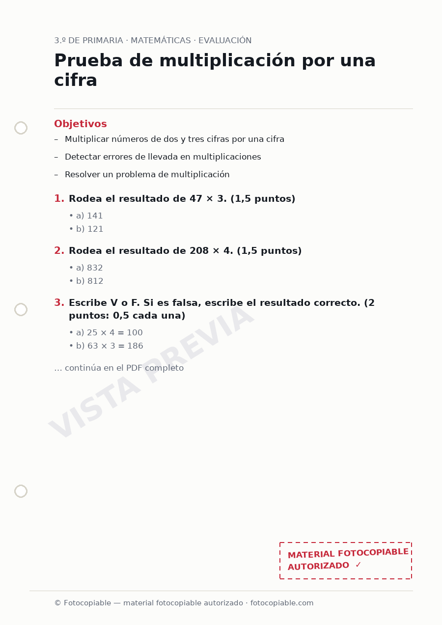 Vista previa de la ficha «Prueba de multiplicación por una cifra»